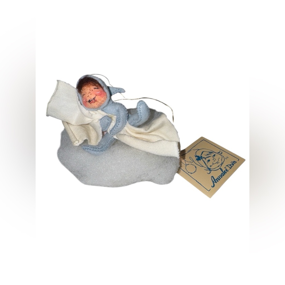 Vintage 1985 Annalee 3-inch “Baby Boy in Blue PJs Ornament” NWT and box